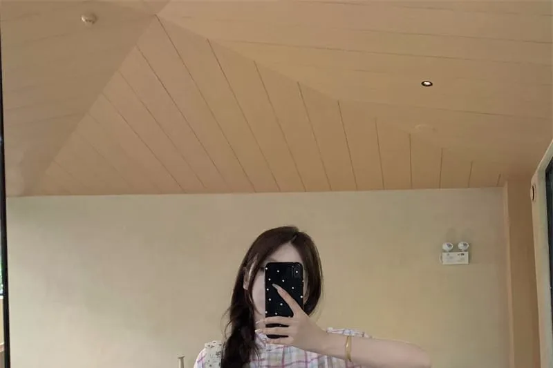 3/4-Sleeve Stand Collar Plaid Button-Up Oversized Blouse