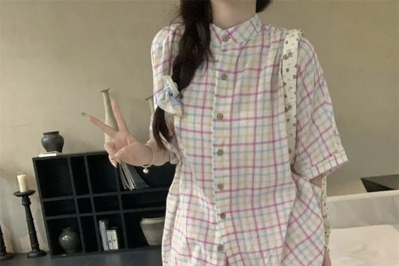 3/4-Sleeve Stand Collar Plaid Button-Up Oversized Blouse