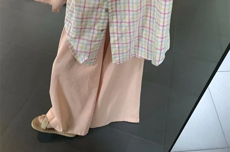 3/4-Sleeve Stand Collar Plaid Button-Up Oversized Blouse