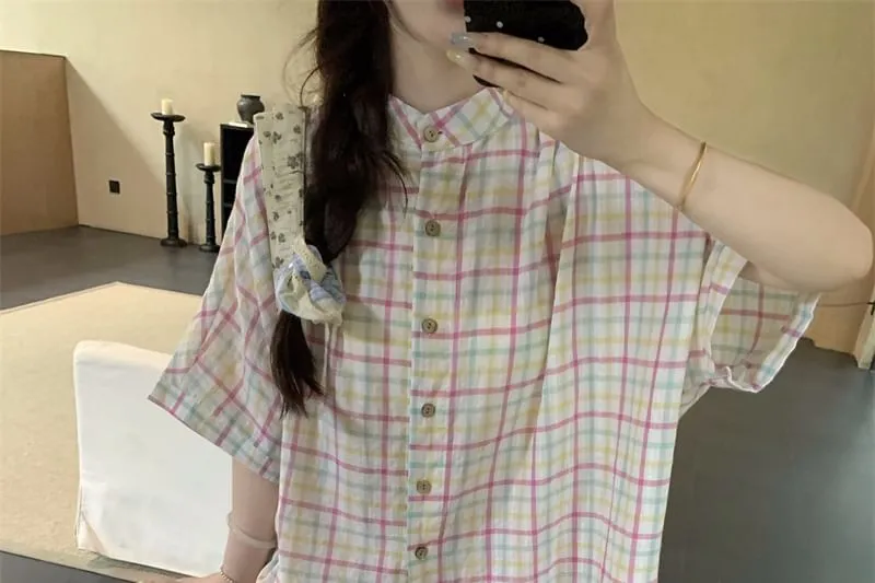3/4-Sleeve Stand Collar Plaid Button-Up Oversized Blouse