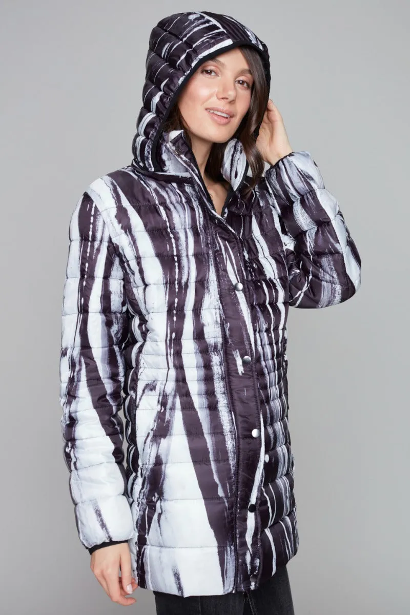 Abstract Print Hooded Puffer Coat