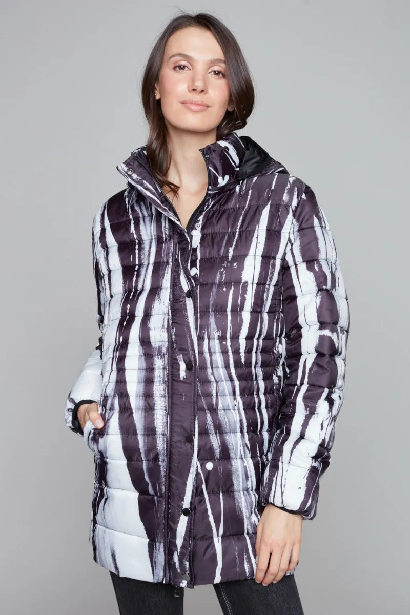 Abstract Print Hooded Puffer Coat
