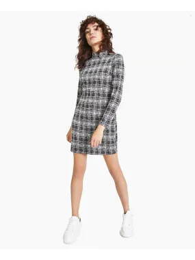 BAR III DRESSES Womens Zippered Plaid Long Sleeve Mock Neck Short Sheath Dress
