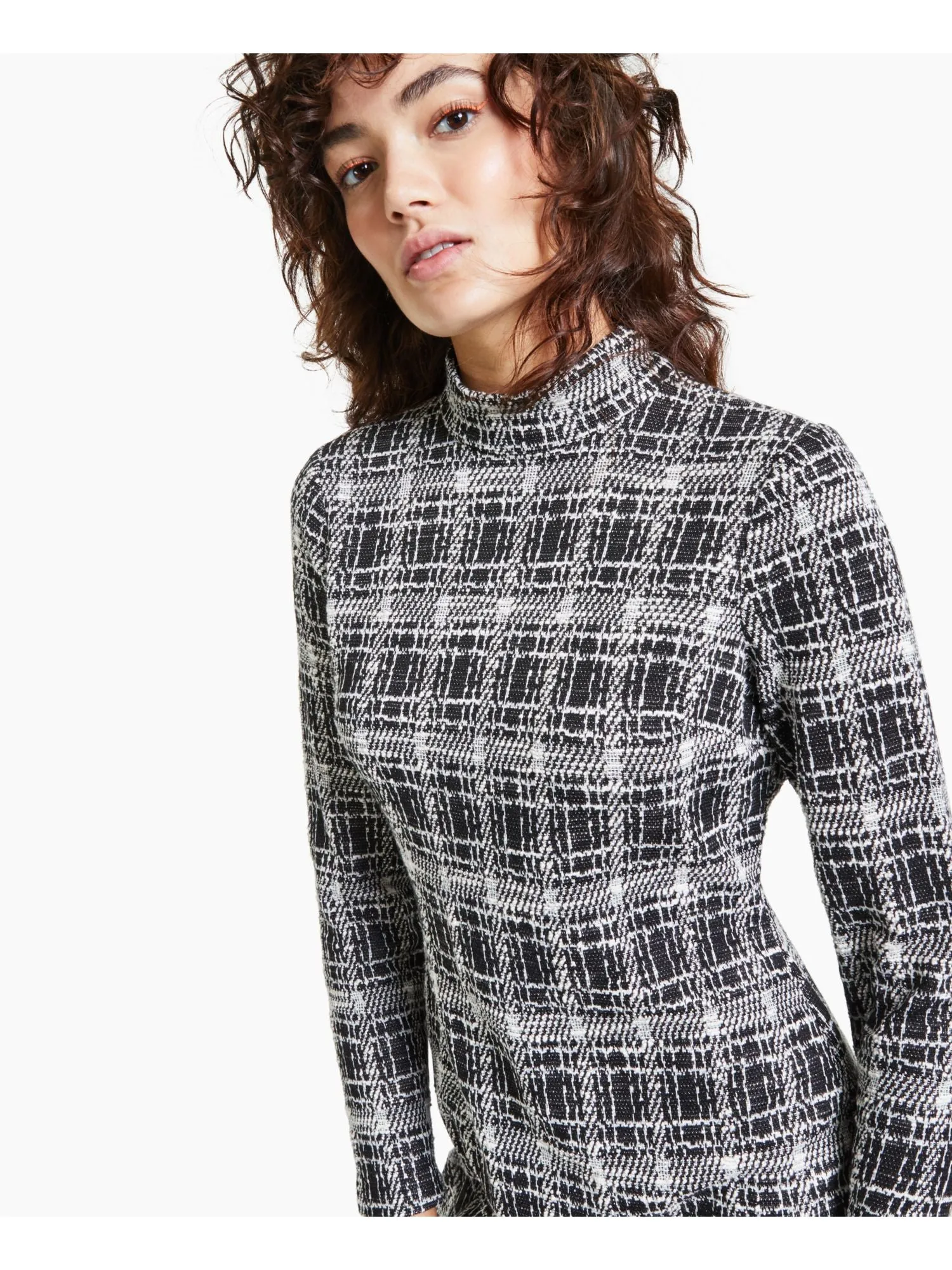 BAR III DRESSES Womens Zippered Plaid Long Sleeve Mock Neck Short Sheath Dress