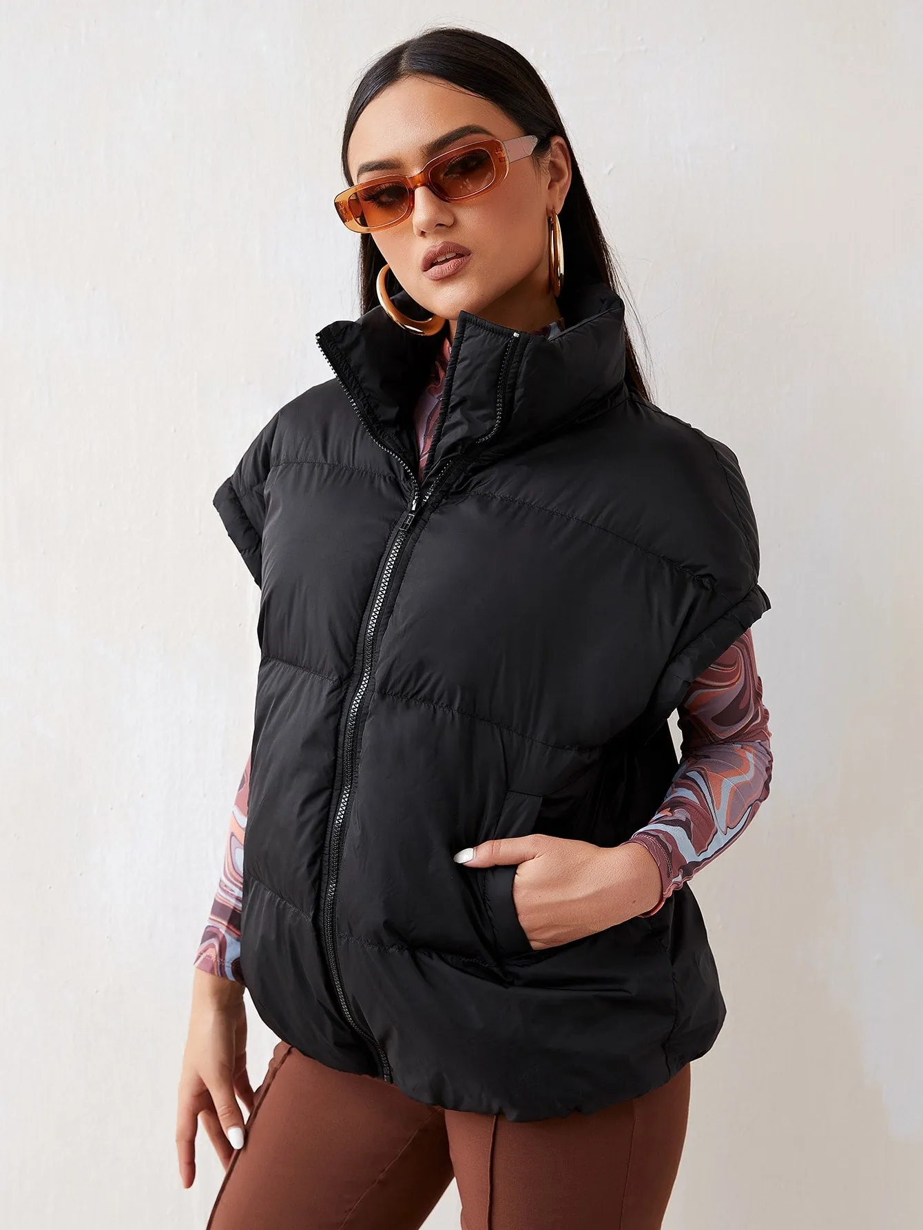 Casual Plain Pocket Short Sleeve Funnel Neck Regular Women Winter Coat