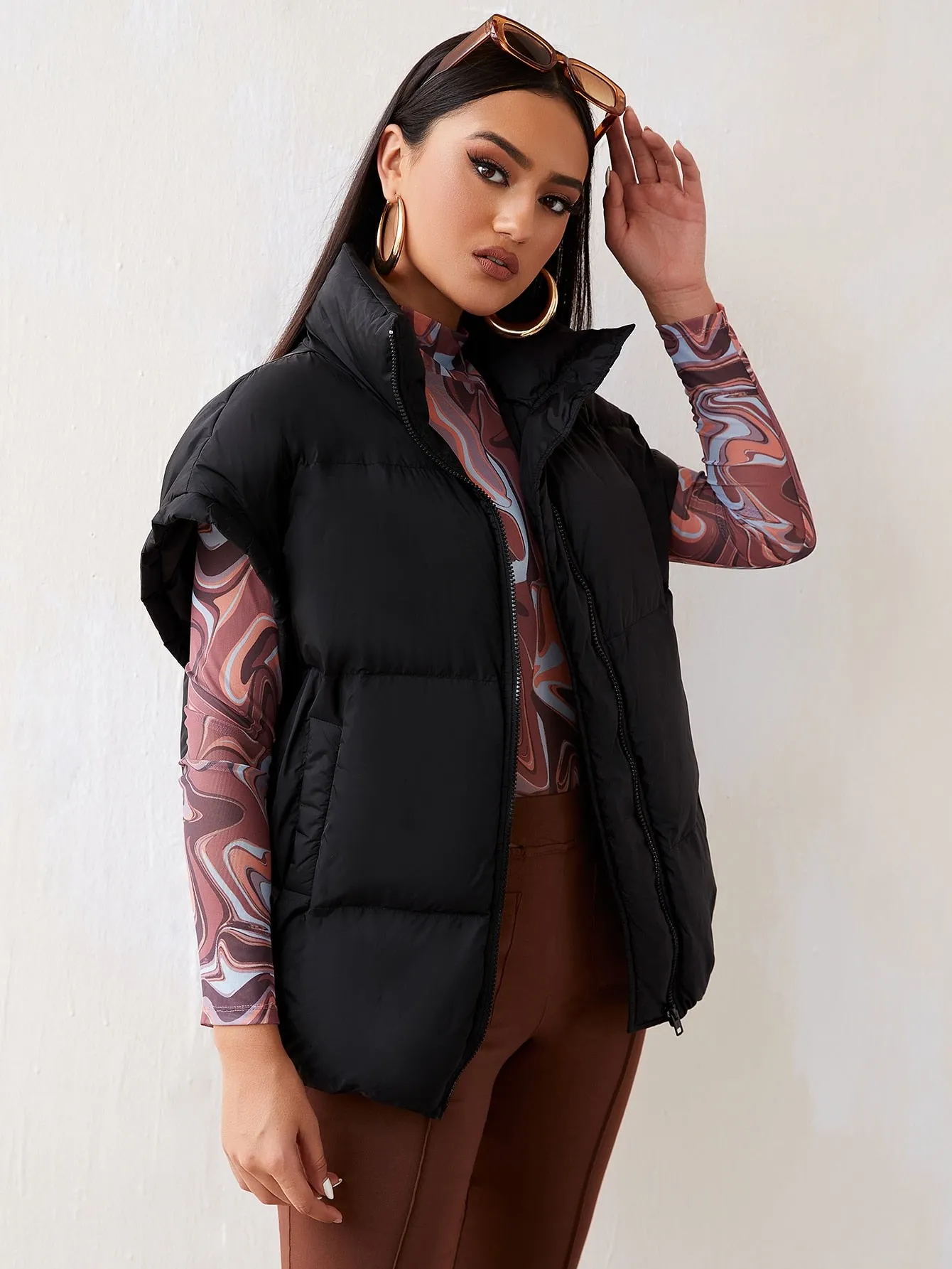 Casual Plain Pocket Short Sleeve Funnel Neck Regular Women Winter Coat