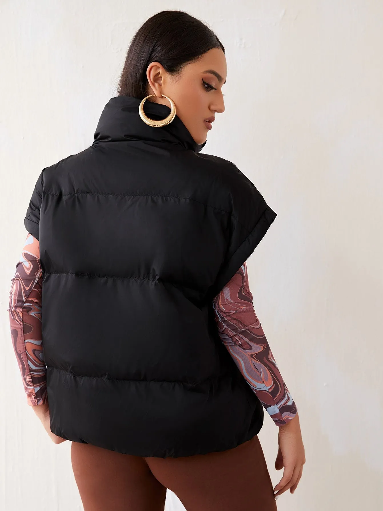 Casual Plain Pocket Short Sleeve Funnel Neck Regular Women Winter Coat