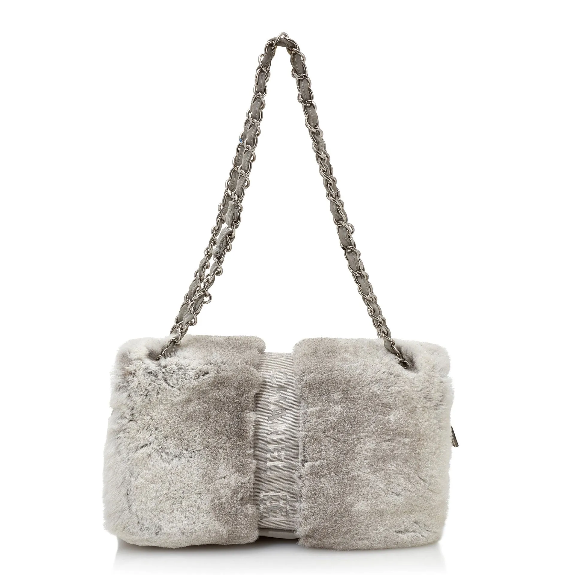 Chanel Vintage Grey Fur Sport Belt Lock Shoulder Bag