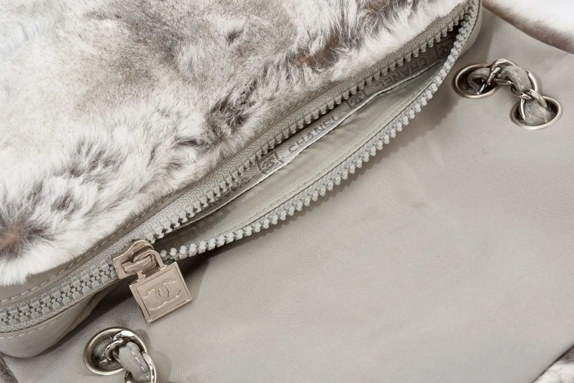 Chanel Vintage Grey Fur Sport Belt Lock Shoulder Bag