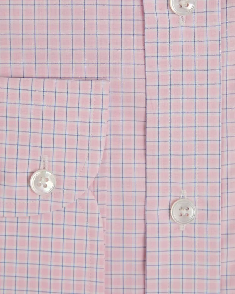 Contemporary Fit, Classic Collar, 2 Button Cuff Shirt in a Pink, Navy & White Check Sea Island Quality Poplin Cotton