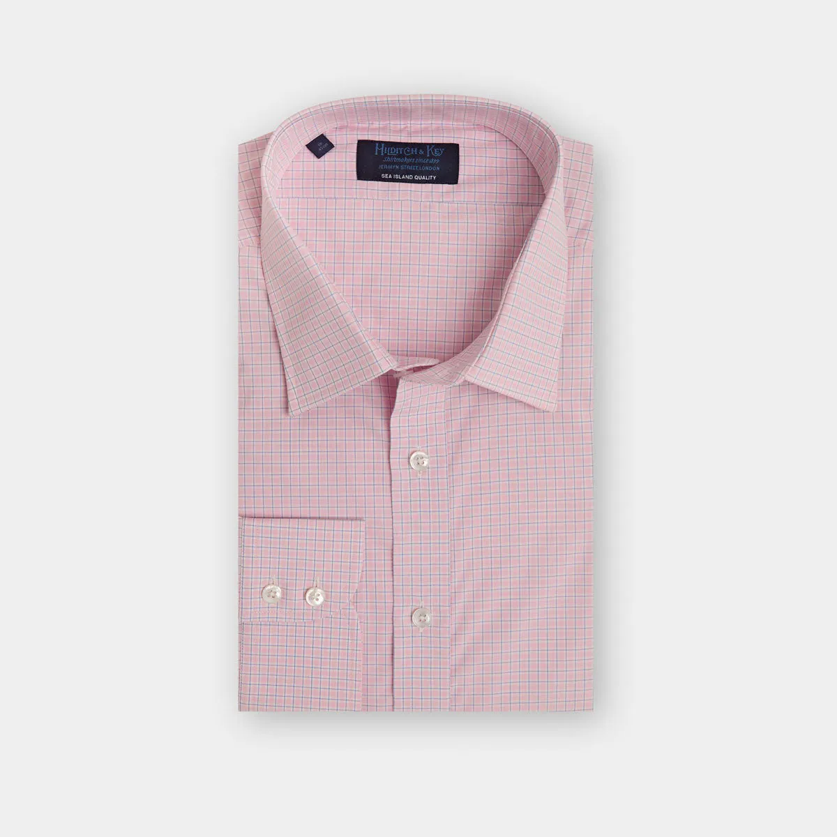 Contemporary Fit, Classic Collar, 2 Button Cuff Shirt in a Pink, Navy & White Check Sea Island Quality Poplin Cotton