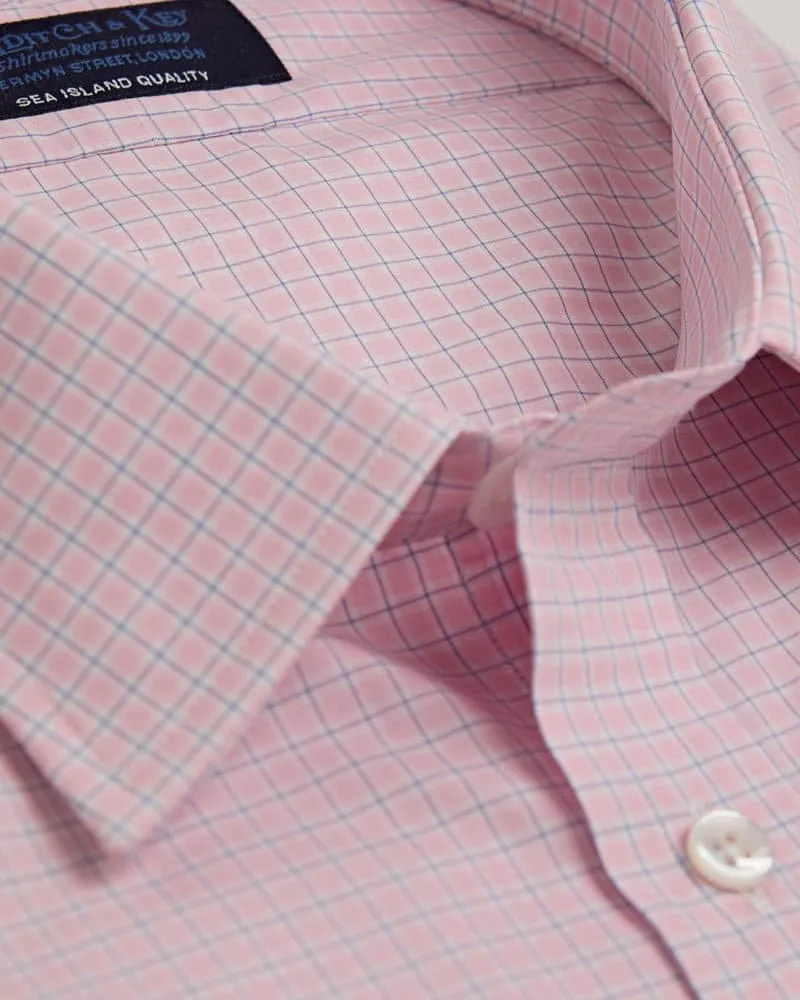 Contemporary Fit, Classic Collar, 2 Button Cuff Shirt in a Pink, Navy & White Check Sea Island Quality Poplin Cotton