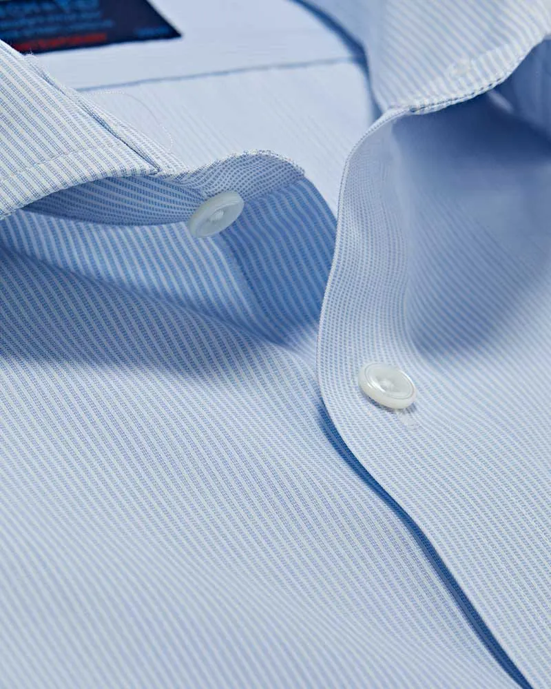 Contemporary Fit Light Blue Ladder Stripe Cotton Shirt with Cut-away Collar & Two Button Cuff