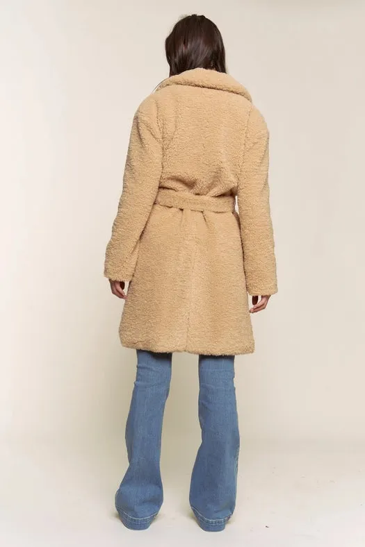 Faux Fur Belted Midi Length Jacket TAUPE