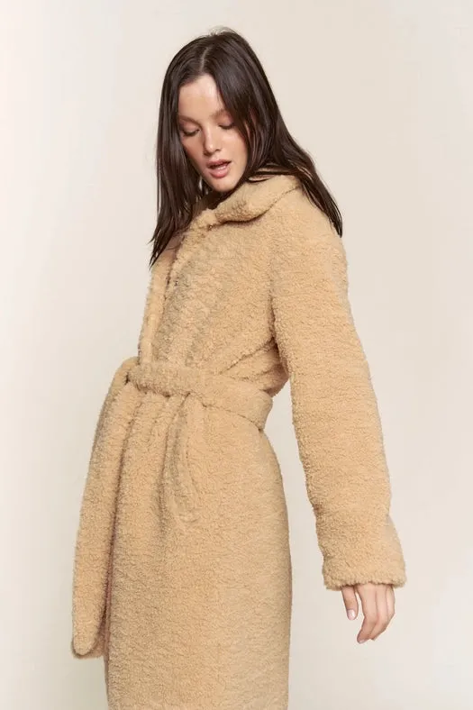 Faux Fur Belted Midi Length Jacket TAUPE