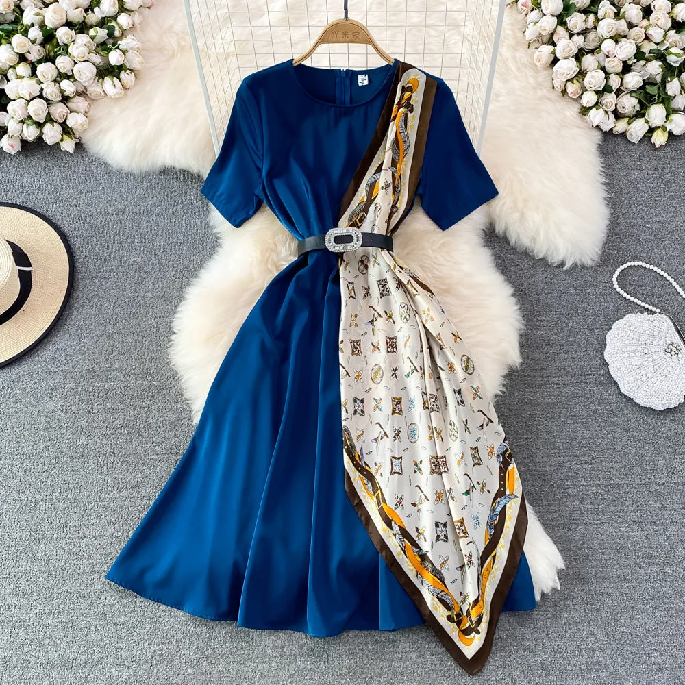 French Sweet Round Neck Color Matching Short-sleeved A-line Dress Elegant Swing Long Skirt 449