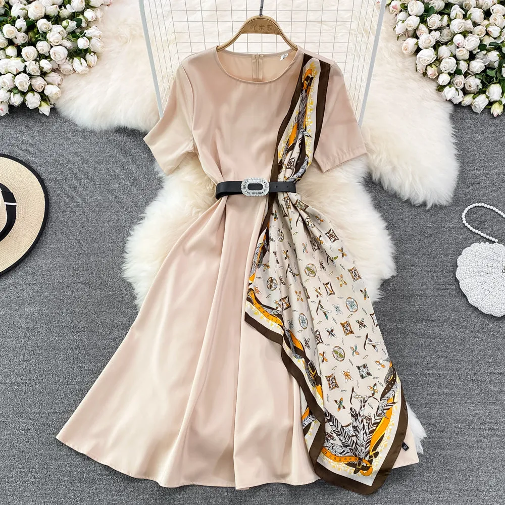 French Sweet Round Neck Color Matching Short-sleeved A-line Dress Elegant Swing Long Skirt 449