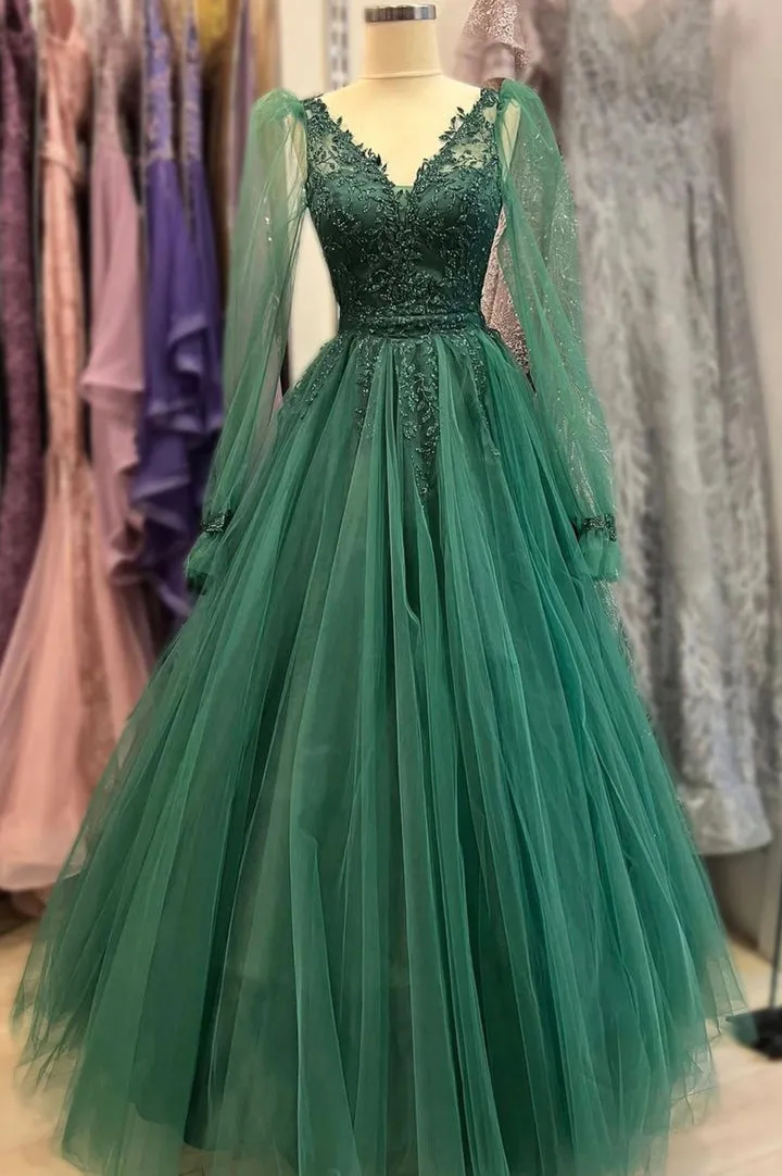 Green V-Neck Tulle Long Prom Dresses A-Line Long Sleeve Evening Dresses Floor Length