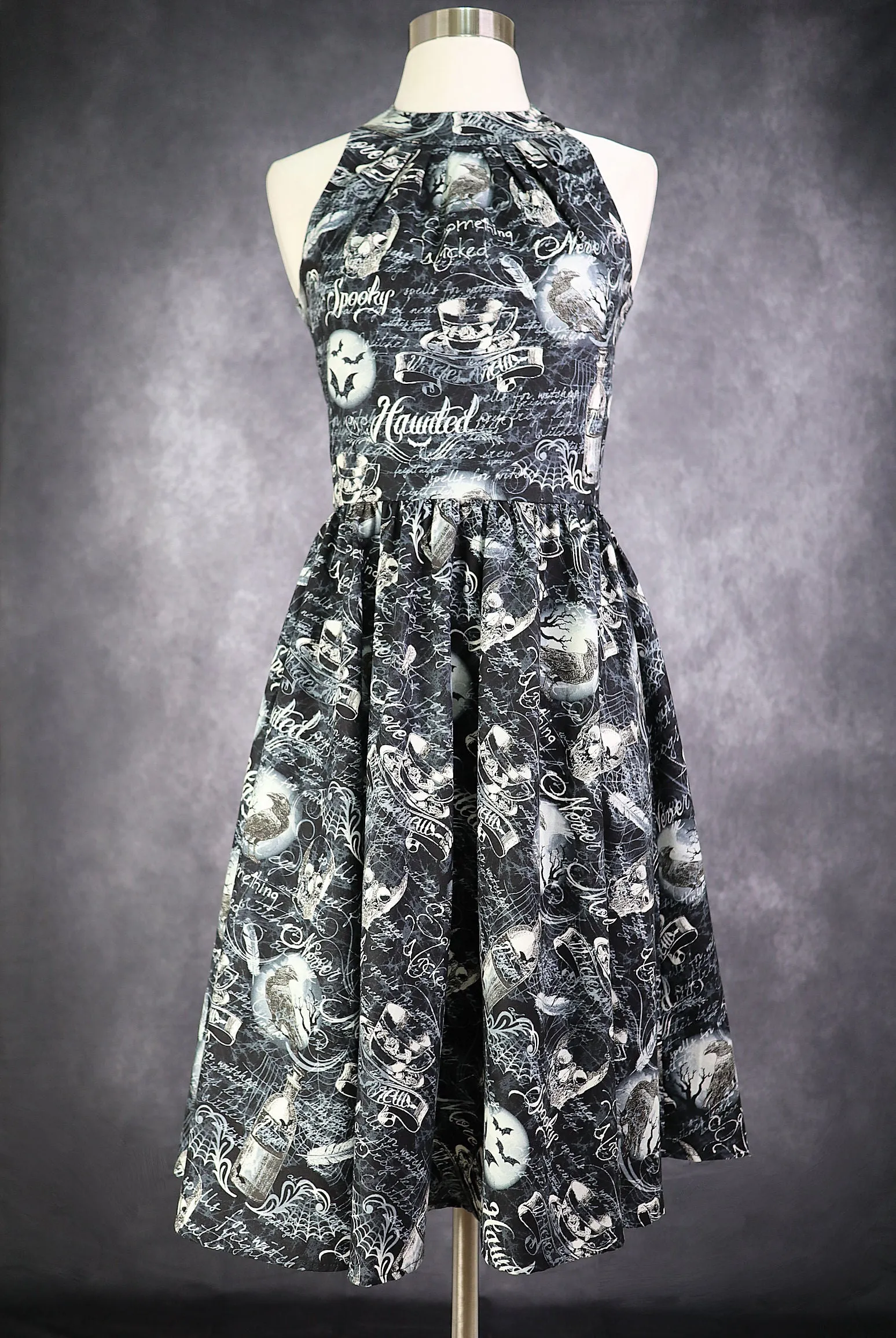 Halloween Dress Black Cotton Wicked Retro Haunted Skulls Rockabilly