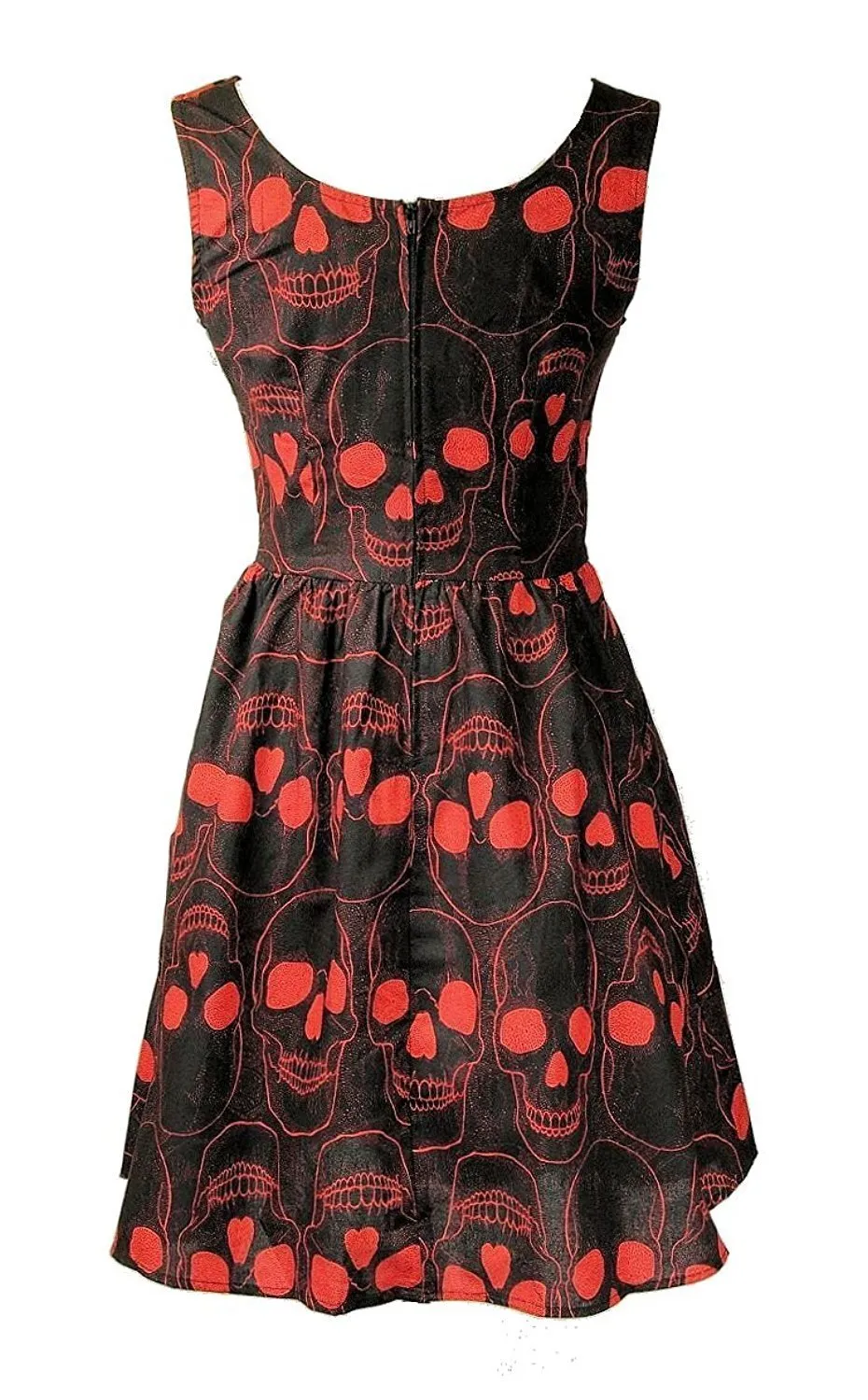 Halloween Dress Red Skull Print on Black Cotton Sleeveless with Pockets