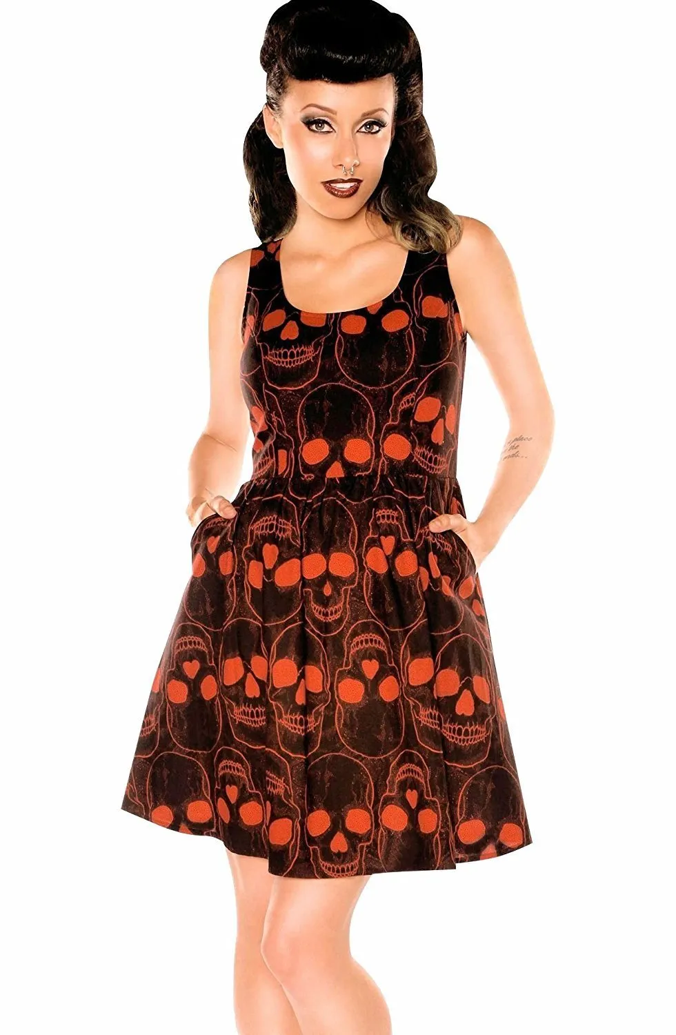 Halloween Dress Red Skull Print on Black Cotton Sleeveless with Pockets