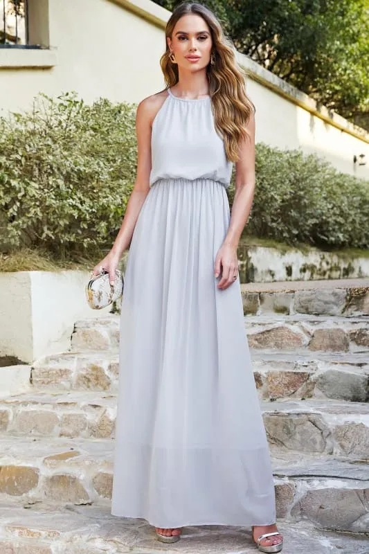 Halter Ruffle Chiffon Bridesmaid Dress Floor Length Casual Wear Dress