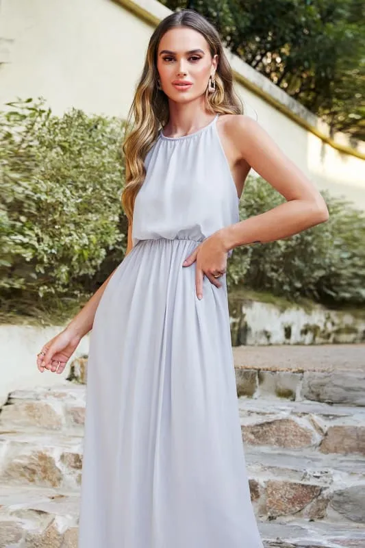 Halter Ruffle Chiffon Bridesmaid Dress Floor Length Casual Wear Dress