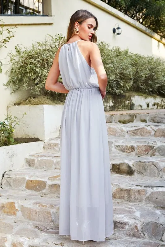 Halter Ruffle Chiffon Bridesmaid Dress Floor Length Casual Wear Dress