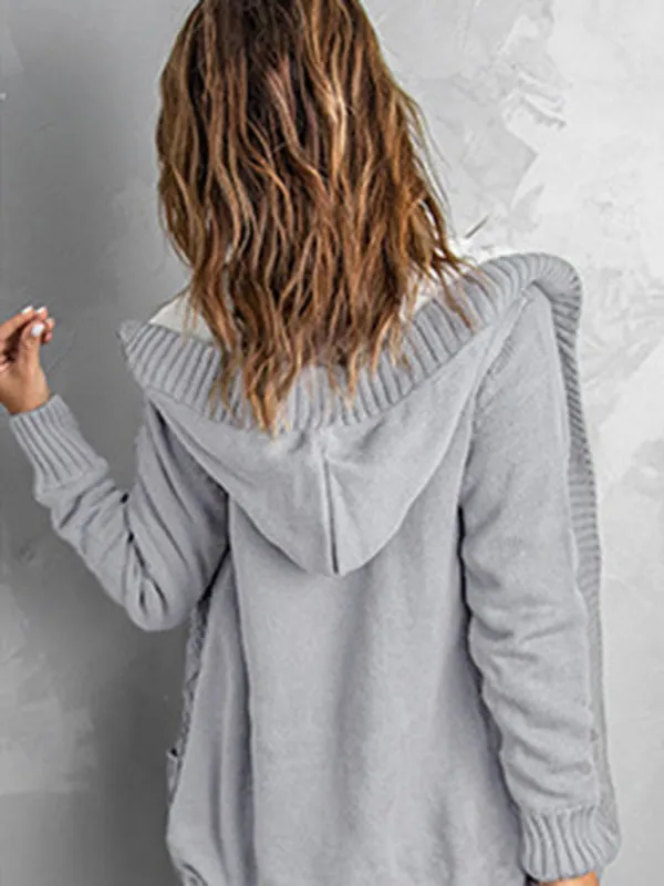 Hooded Mid-Length Jacket with Cable Knit | Faux Fur Cardigan