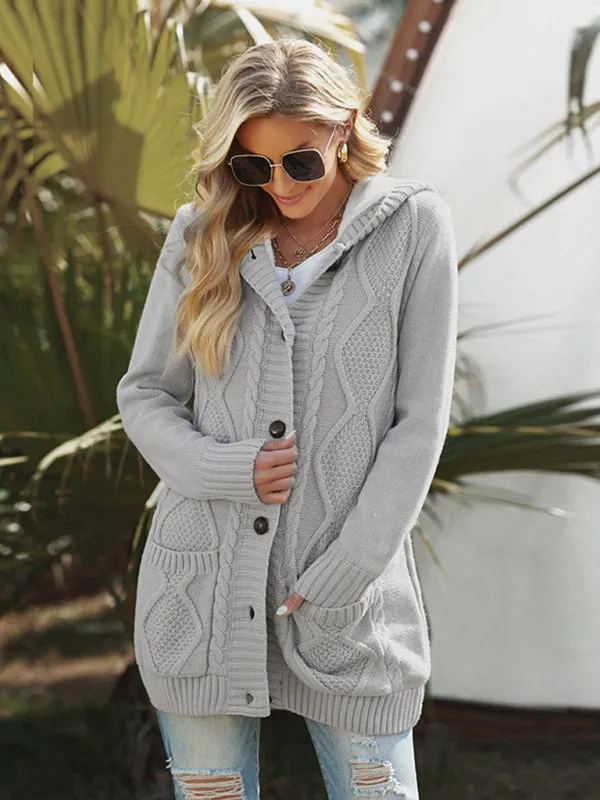 Hooded Mid-Length Jacket with Cable Knit | Faux Fur Cardigan