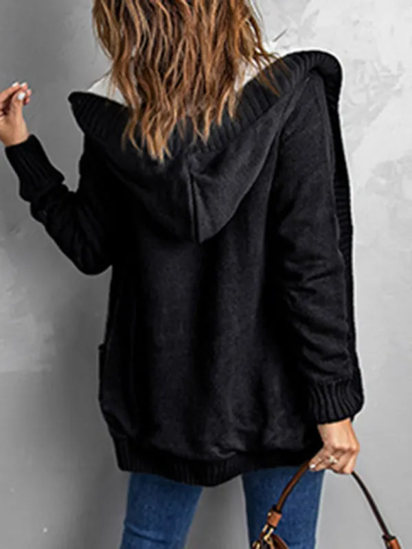 Hooded Mid-Length Jacket with Cable Knit | Faux Fur Cardigan
