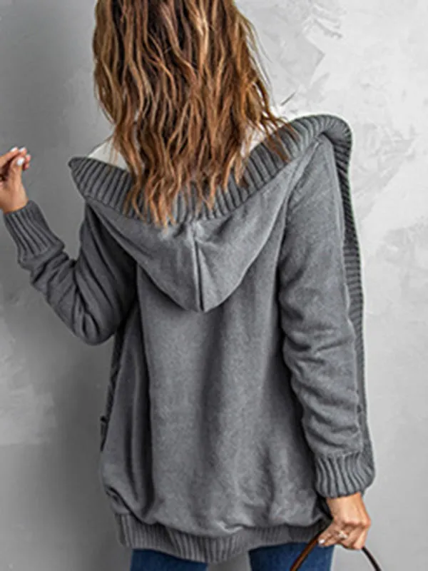 Hooded Mid-Length Jacket with Cable Knit | Faux Fur Cardigan