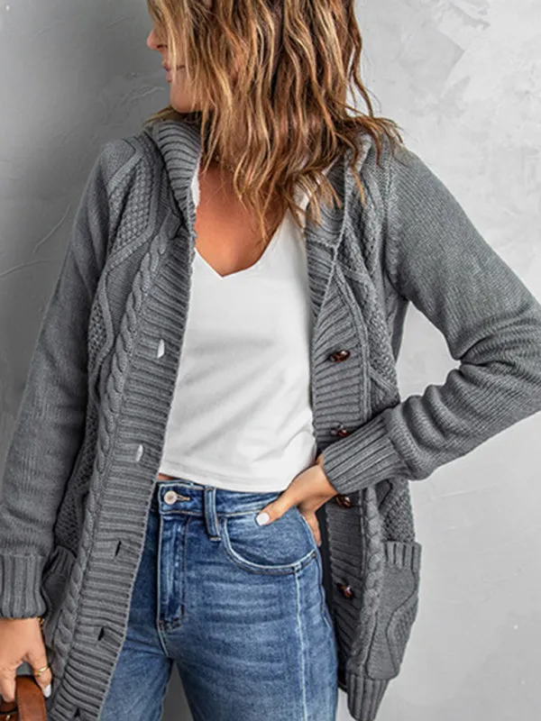 Hooded Mid-Length Jacket with Cable Knit | Faux Fur Cardigan