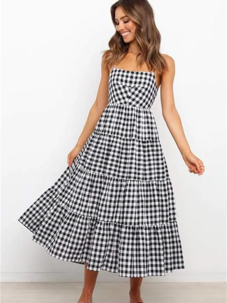 Long Lace-up Backless Dress with Spaghetti Straps