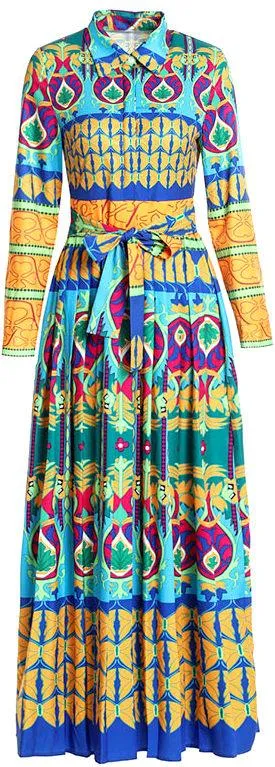 Long Printed Pleated Shirt Dress