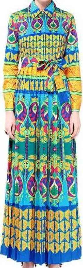 Long Printed Pleated Shirt Dress