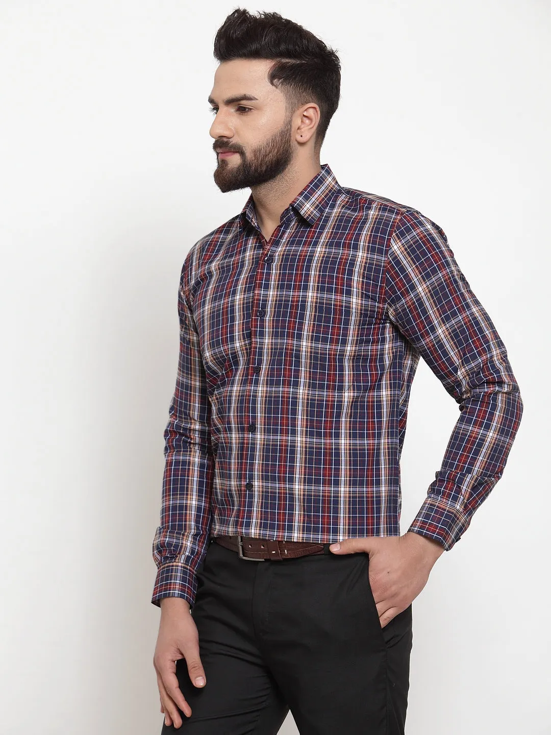 Men's Blue Cotton Checked Formal Shirts ( SF 741Blue ) - Jainish
