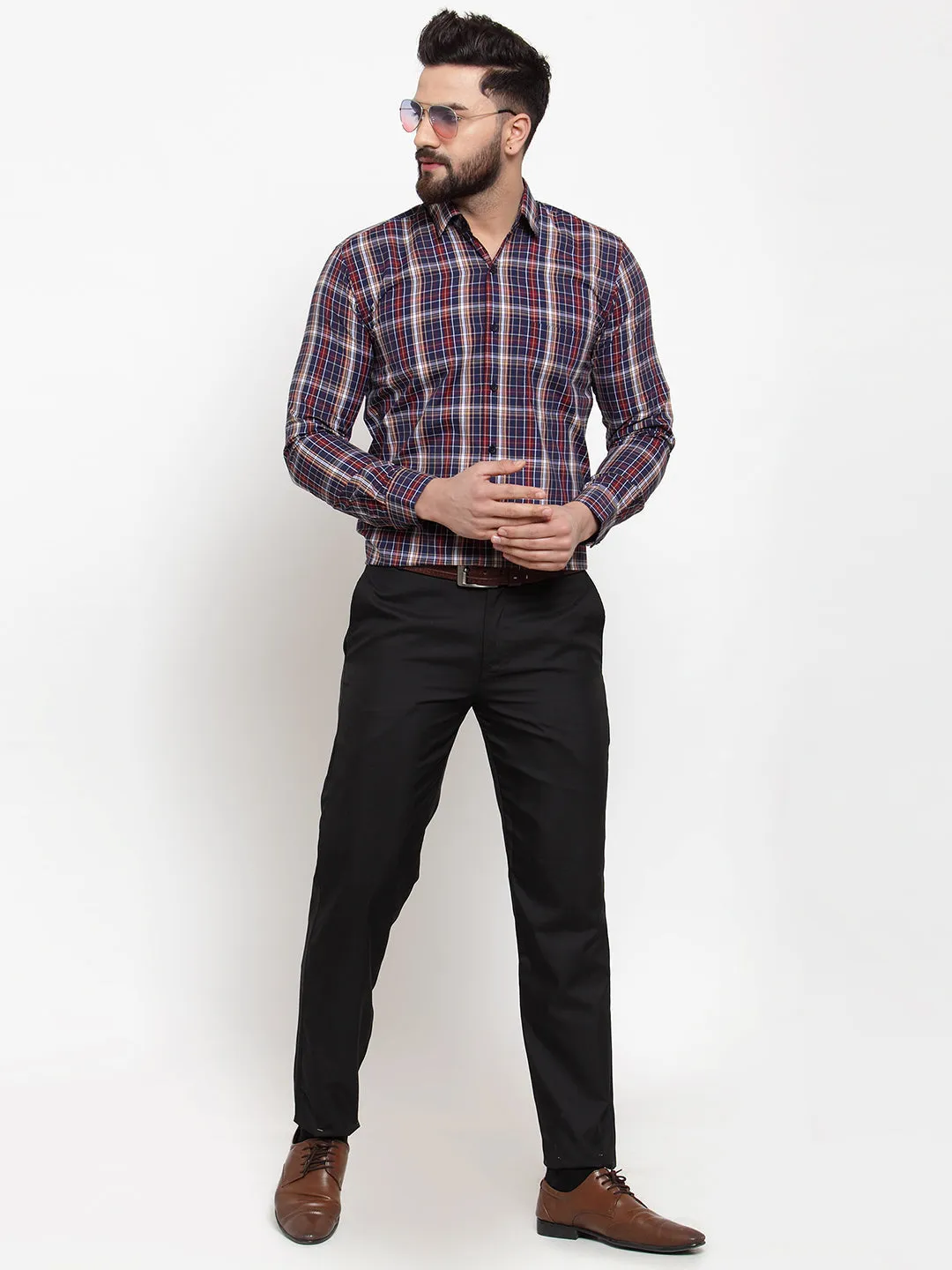 Men's Blue Cotton Checked Formal Shirts ( SF 741Blue ) - Jainish