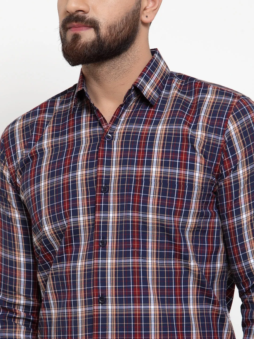Men's Blue Cotton Checked Formal Shirts ( SF 741Blue ) - Jainish