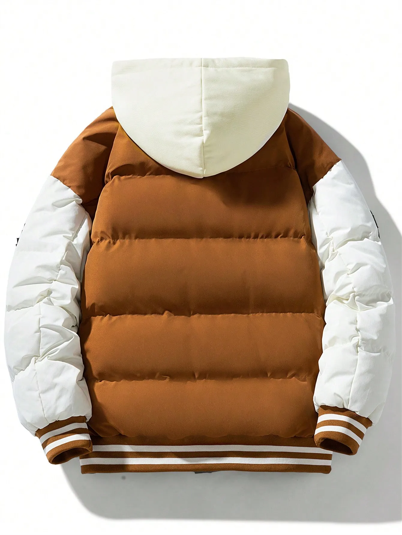Men's Patch Drawstring Hooded Striped Puffer Coat