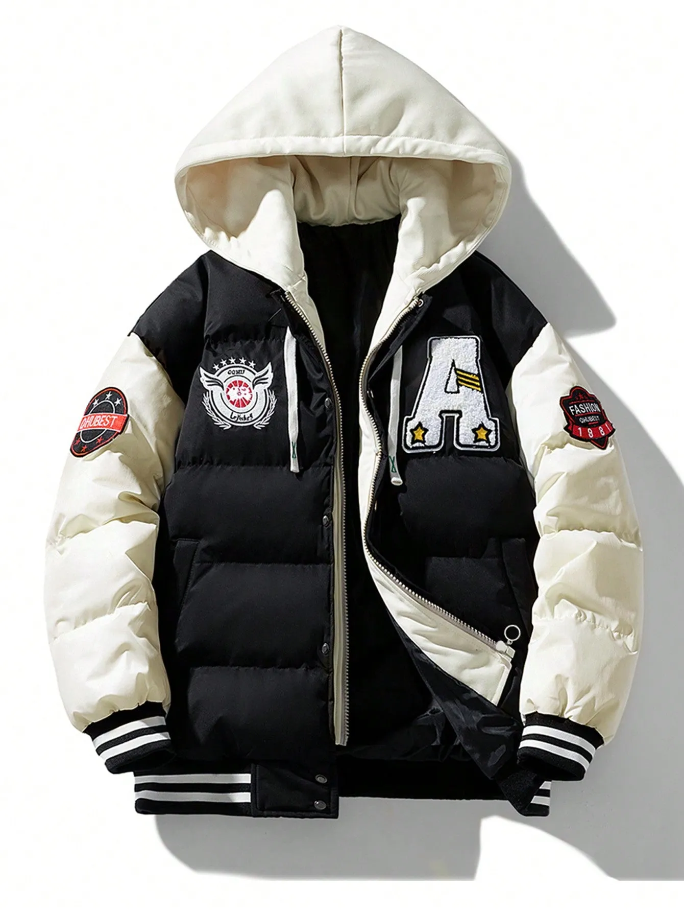Men's Patch Drawstring Hooded Striped Puffer Coat