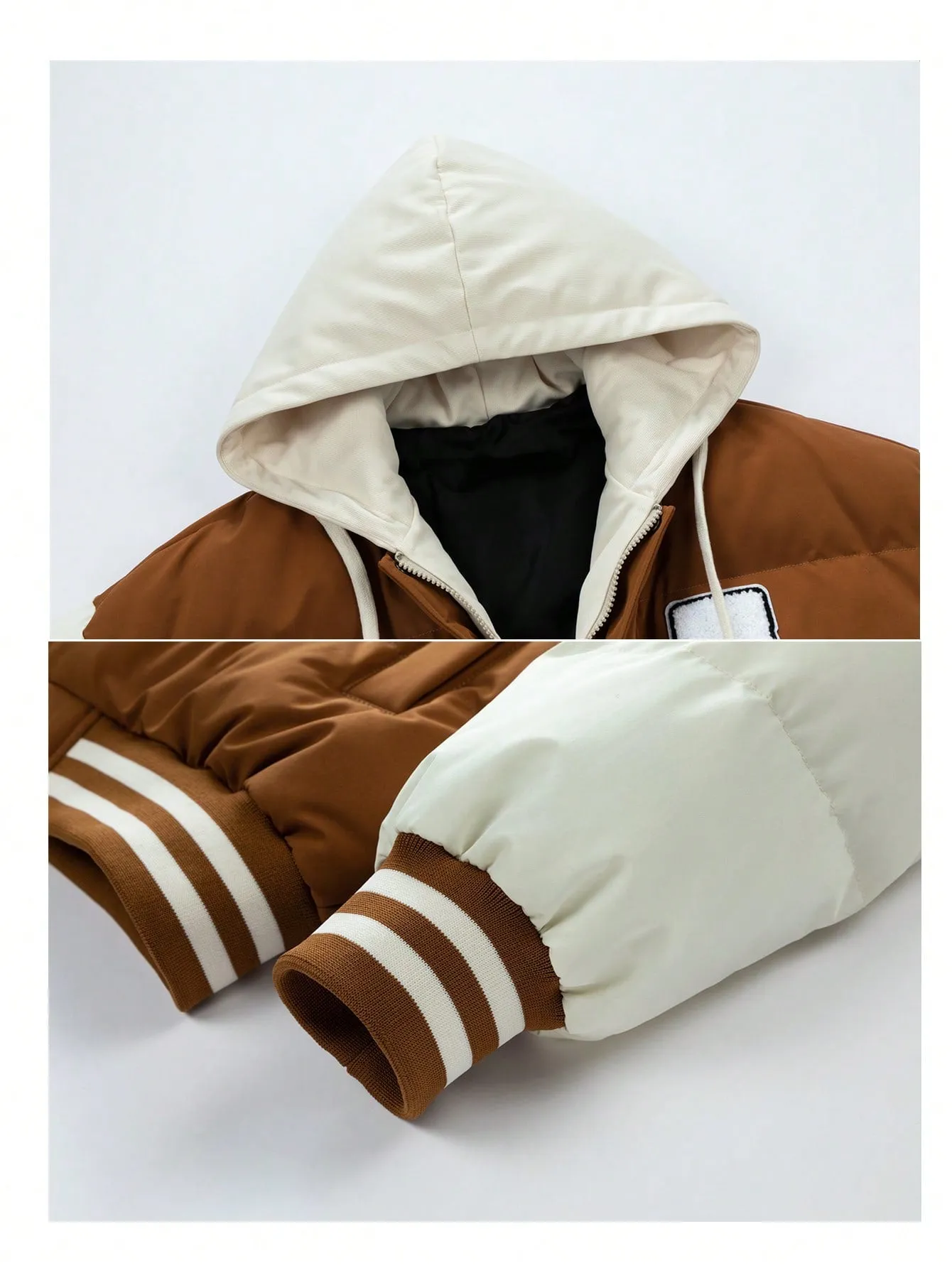 Men's Patch Drawstring Hooded Striped Puffer Coat