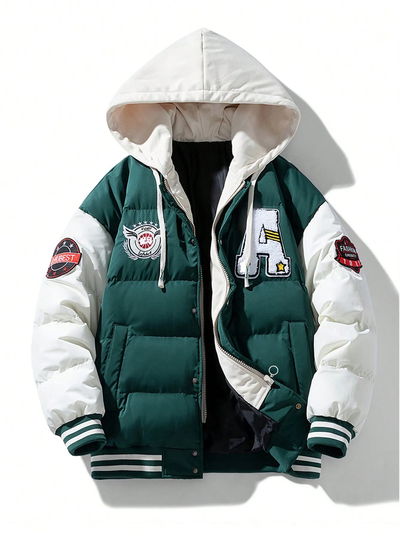Men's Patch Drawstring Hooded Striped Puffer Coat