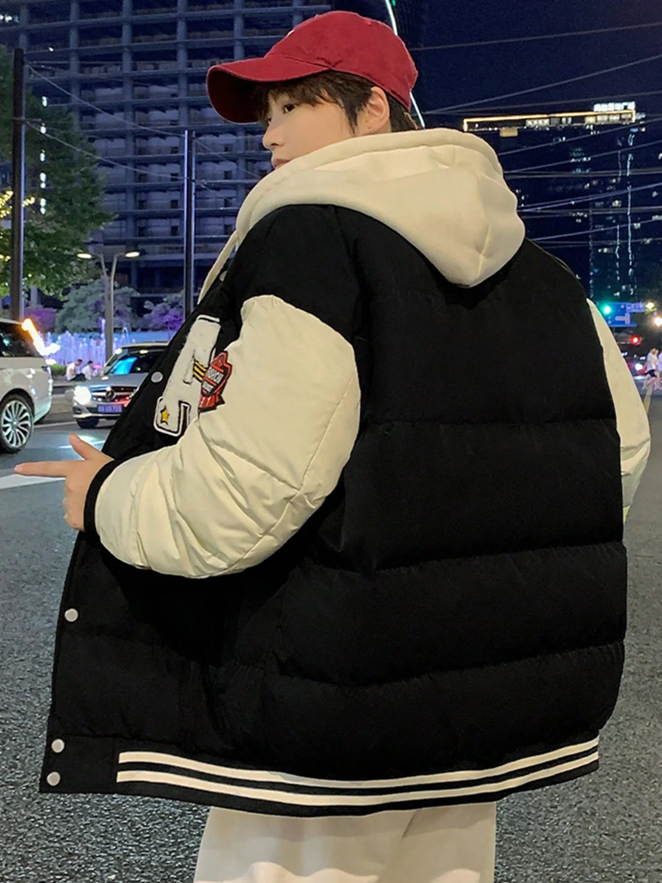 Men's Patch Drawstring Hooded Striped Puffer Coat