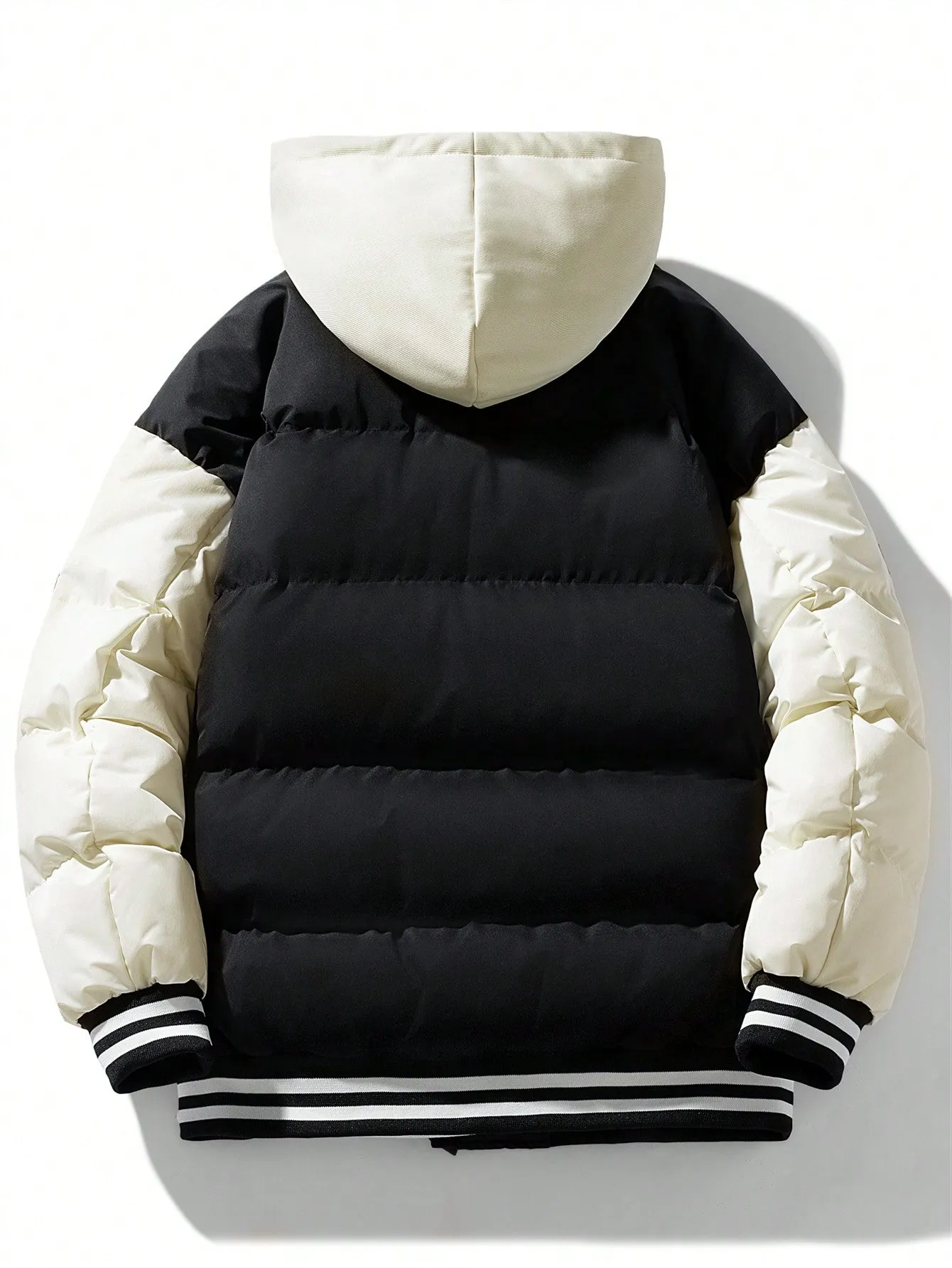 Men's Patch Drawstring Hooded Striped Puffer Coat