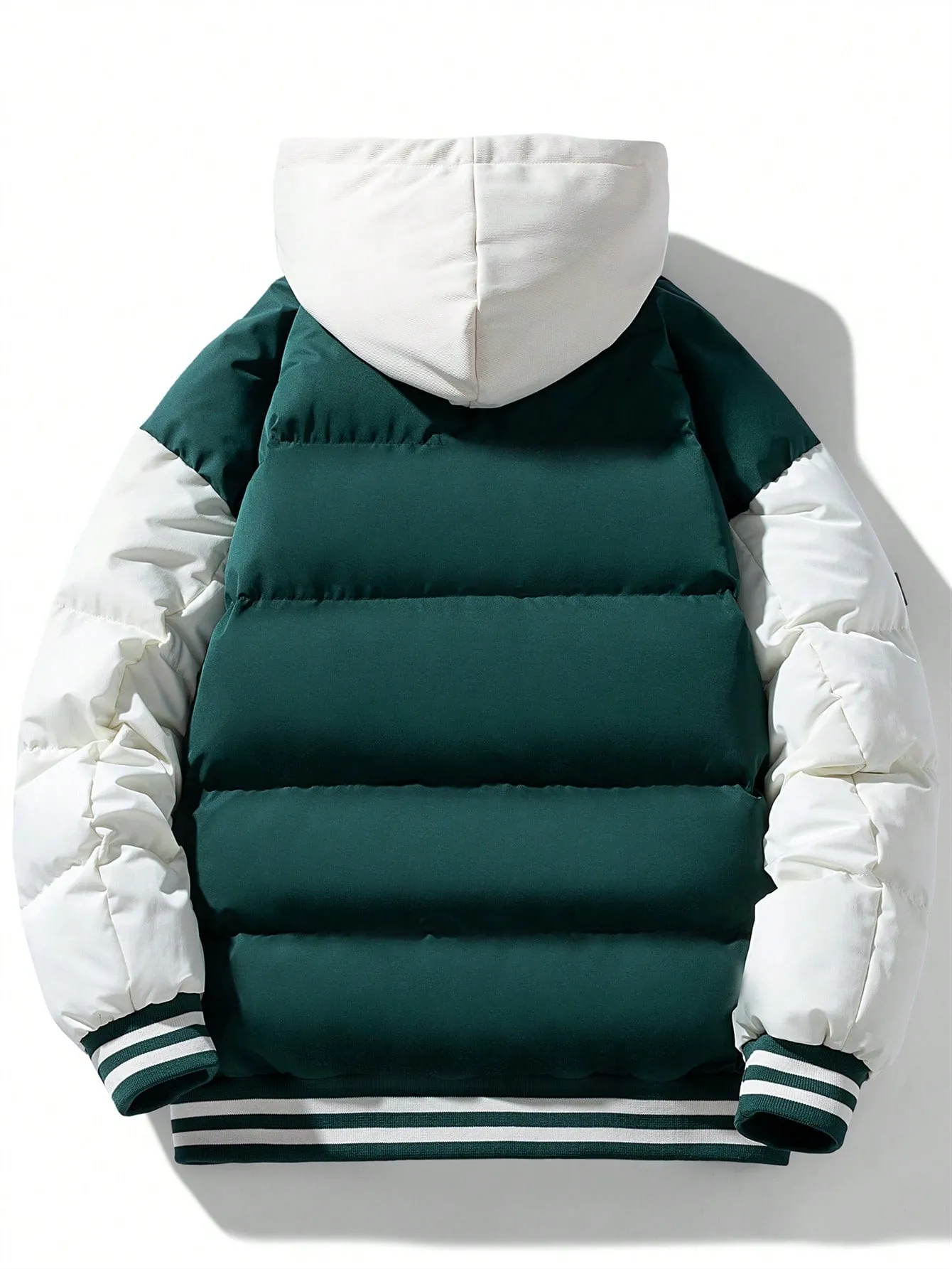 Men's Patch Drawstring Hooded Striped Puffer Coat