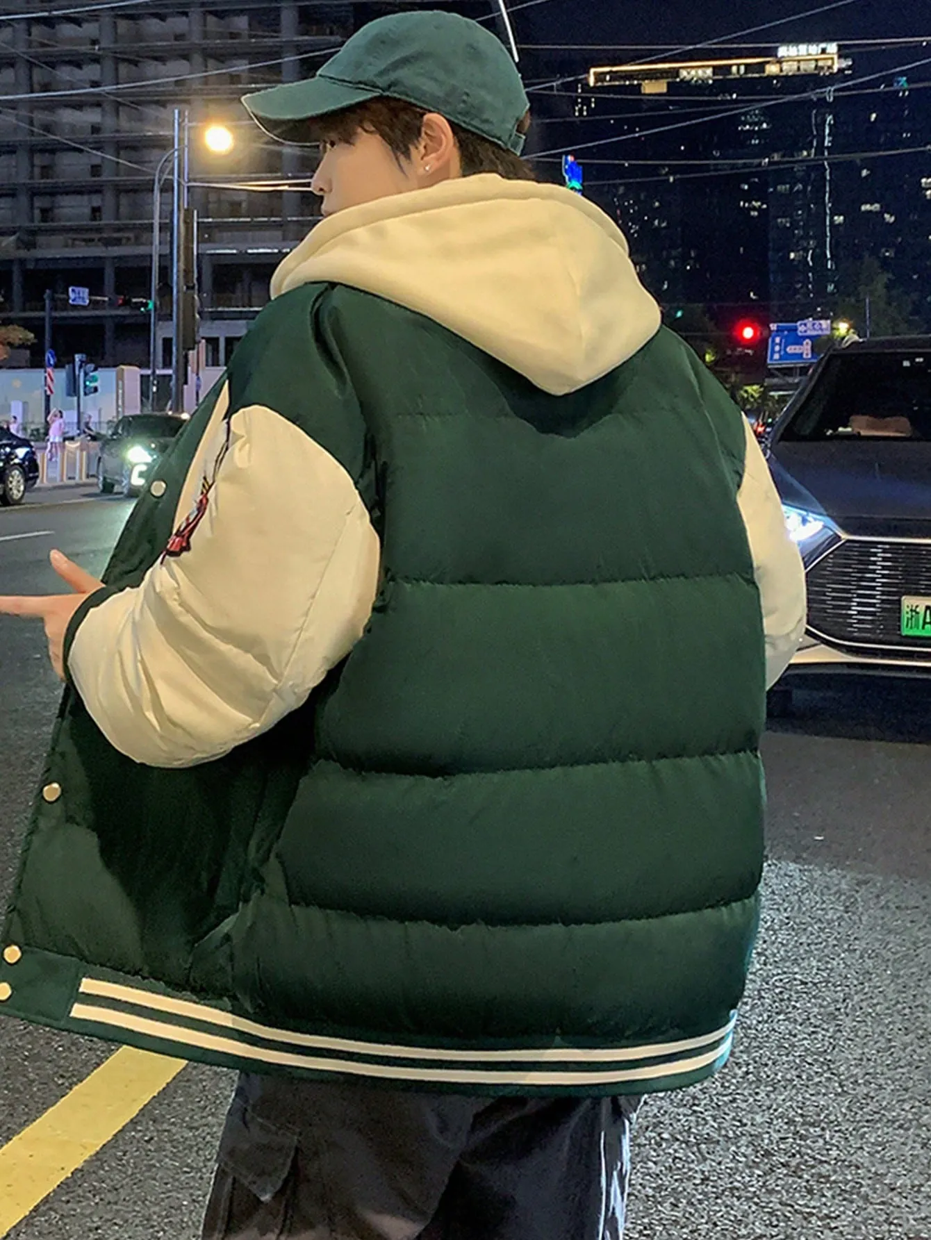 Men's Patch Drawstring Hooded Striped Puffer Coat