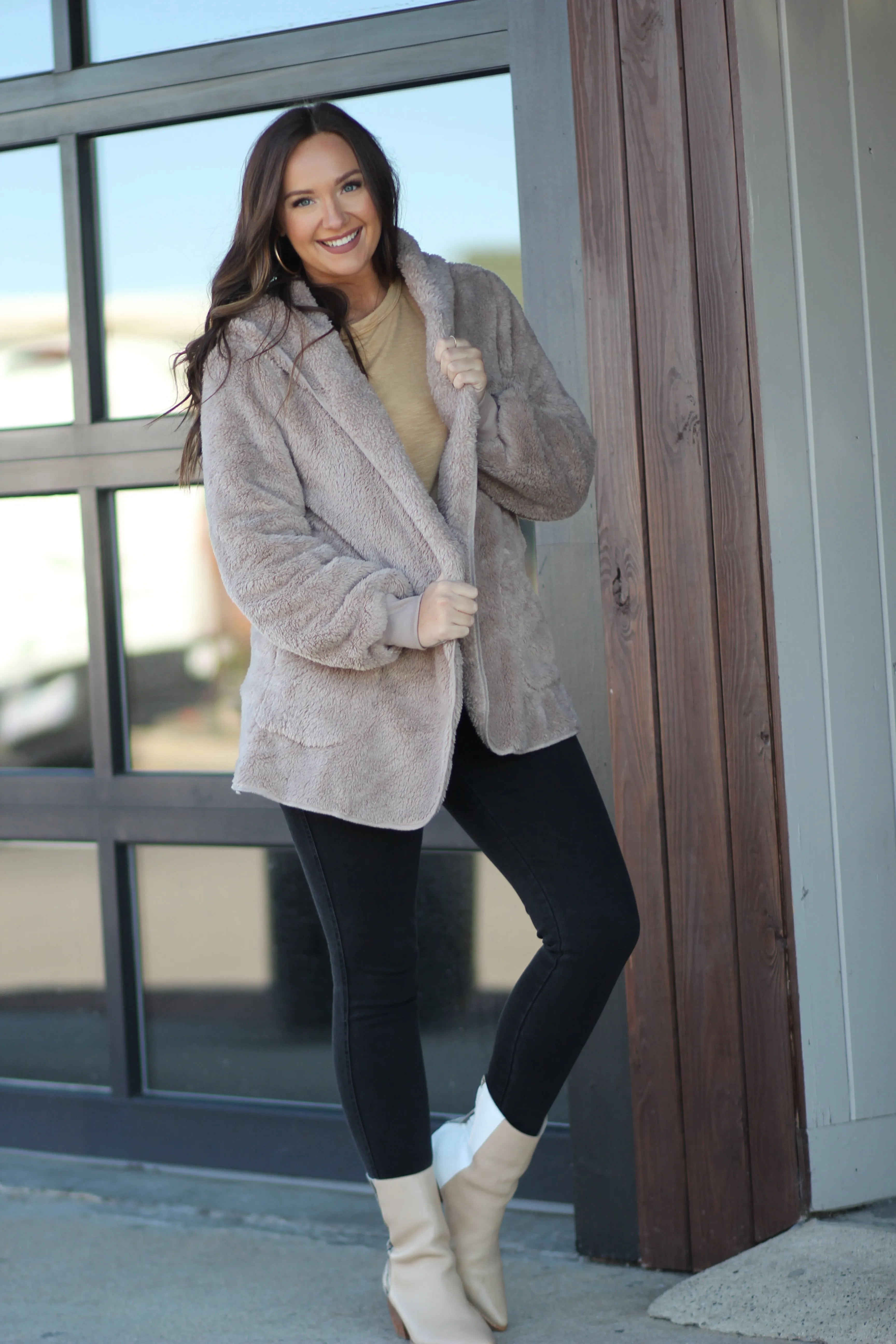 Mocha Faux Fur Oversized Hooded Jacket In Regular & Curvy