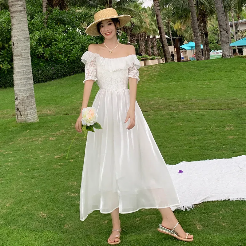 Off Shoulder White Summer Dress Mid Sleeves Long Skirt 428