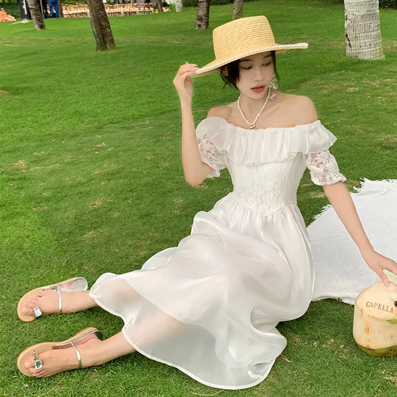 Off Shoulder White Summer Dress Mid Sleeves Long Skirt 428